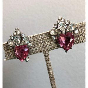 Dazzling Vintage Pink Heart Rhinestone Screw Back Earrings Old Hollywood Glamour